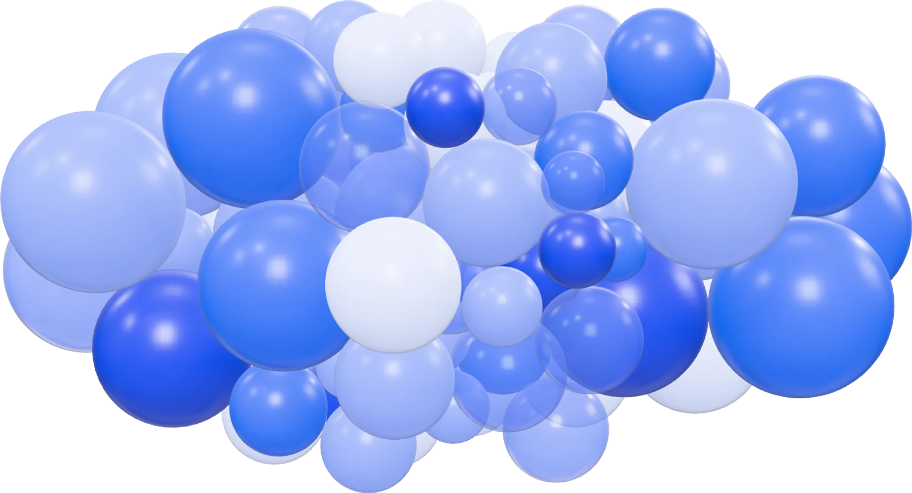 A cluster of glossy spheres in shades of blue, some of them glass