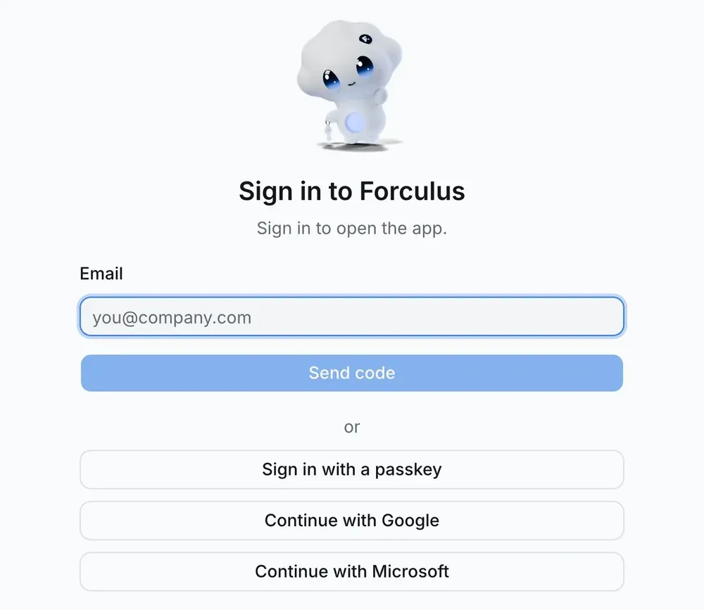 The sign-in page in front of a shared app: Sign in to Forculus, with an email code, a passkey, Google or Microsoft